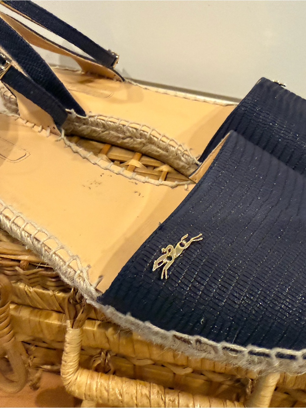 Longchamp Navy Blue Espadrille sandals with classic pony logo in brass